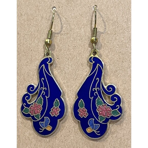 Cloisonne Blue Enamel Flower Butterfly Earrings Gold Tone Victorian Revival - Picture 2 of 9